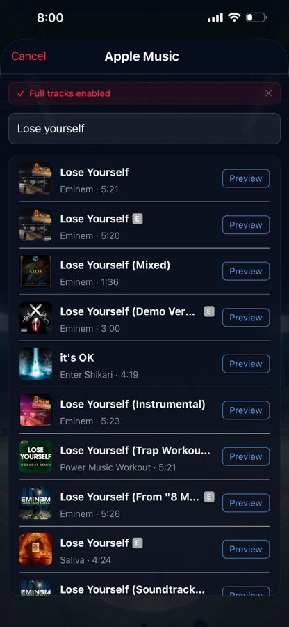 Apple Music results screen for Lose Yourself