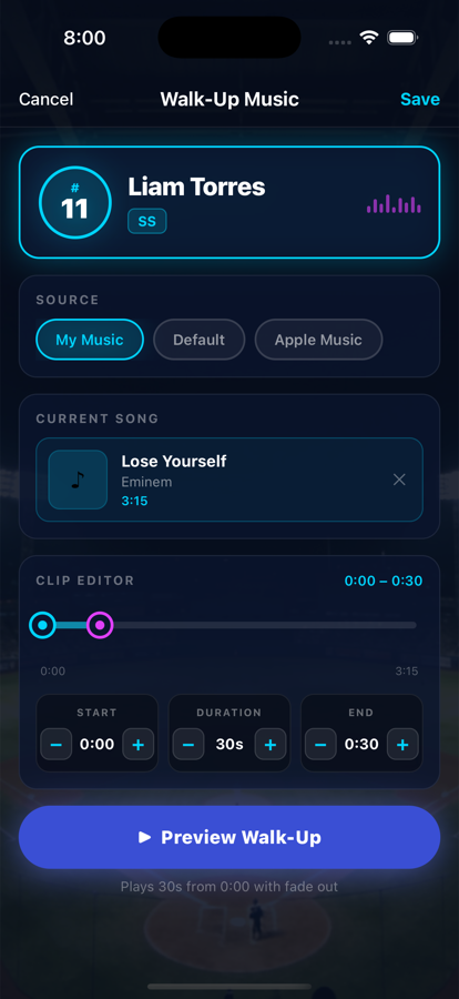 Clip editor screen with timing controls