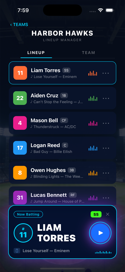 Live lineup screen showing a Harbor Hawks batting order and current batter card