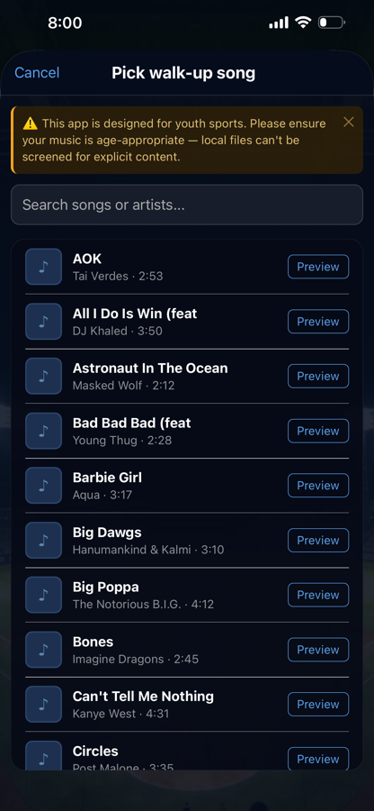 Song picker screen showing local song search
