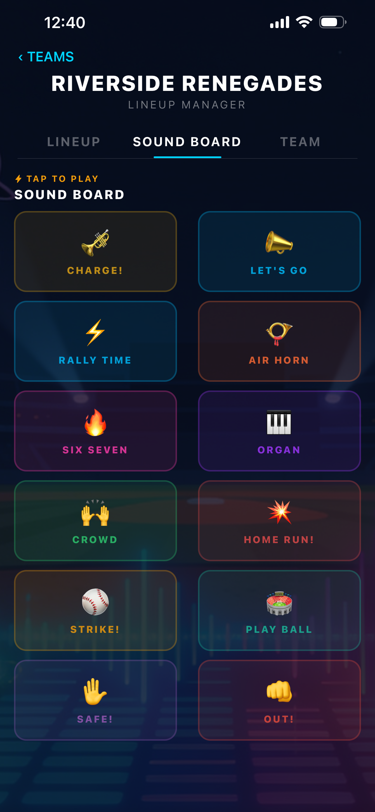 Sound board grid with quick-play stadium effects