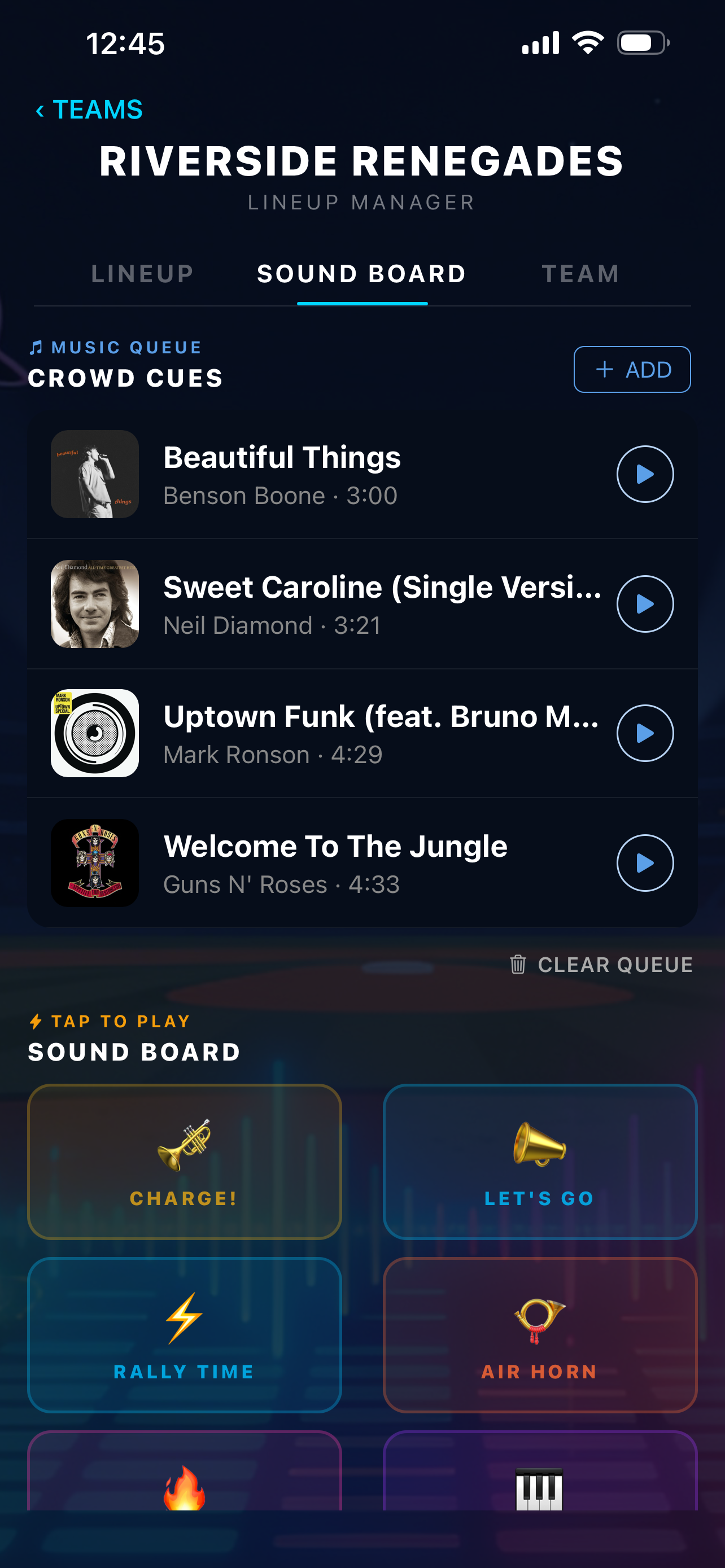 Sound board music queue showing crowd cue tracks